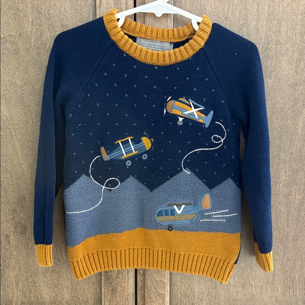 Kids Airplane Sweater - Navy and Mustard